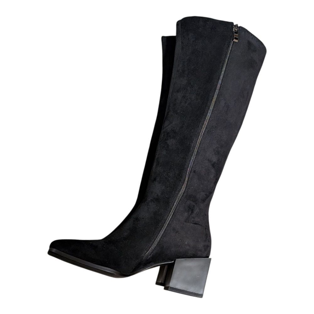 WetKiss faux suede knee high boots size 6 inside zip abstract block heel black